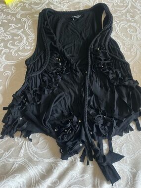 Audrey Ann Black Layered Fringe Trim Vest